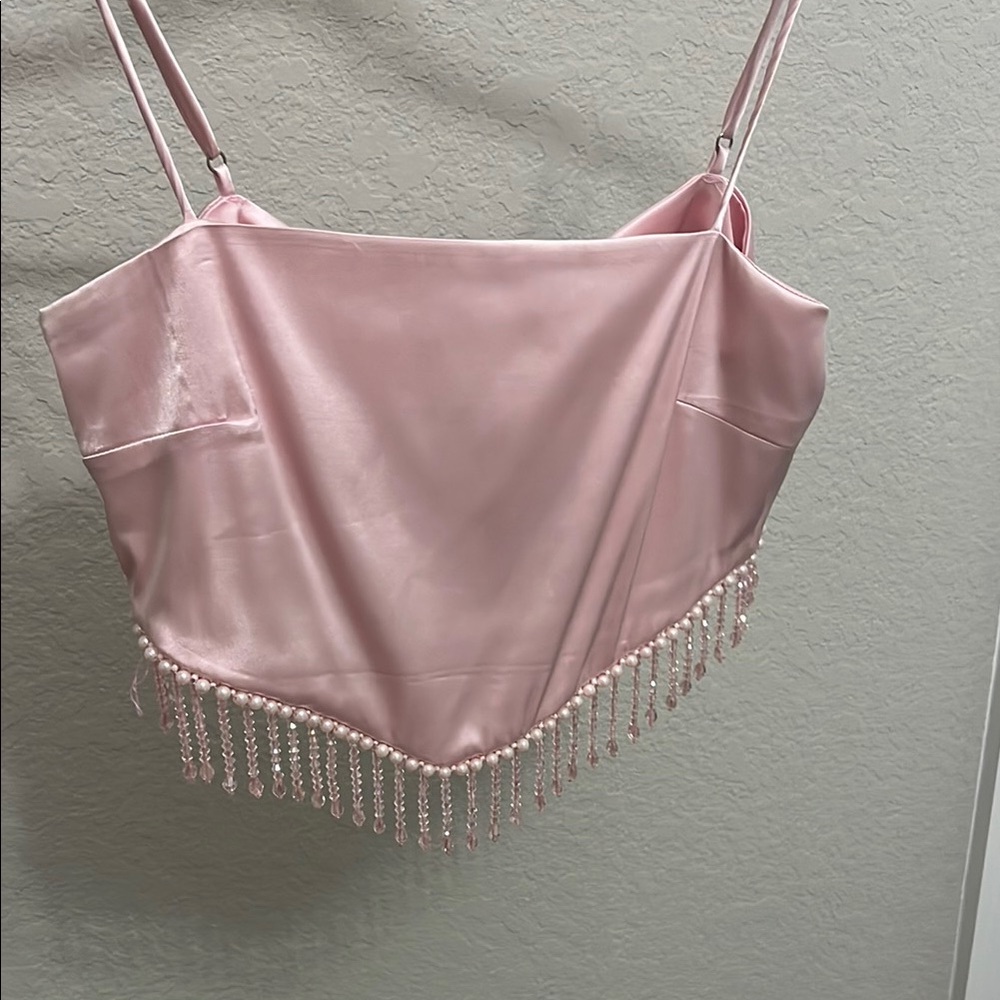 Edikted Pink Satin Beaded Tie Back Top